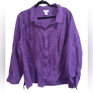 Catherines 2X Faux Suede Button Front Shirt Purple Long Sleeve Plus Size